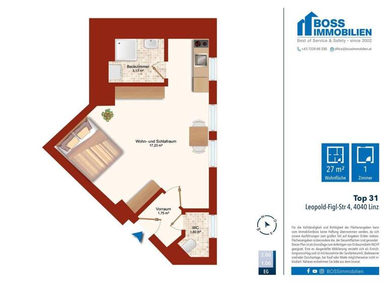 Studio zur Miete 429 € 1 Zimmer 26,8 m² 2. Geschoss Leopold Figl Straße 4 Lustenau Linz 4020