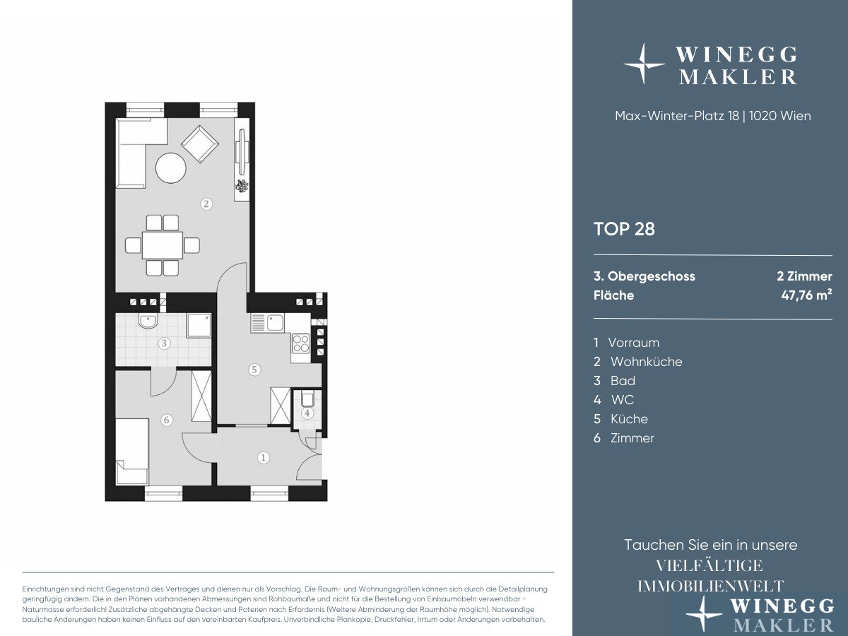 Wohnung zum Kauf 319.000 € 2 Zimmer 47,8 m²<br/>Wohnfläche 3.<br/>Geschoss Max-Winter-Platz 18 Wien 1020