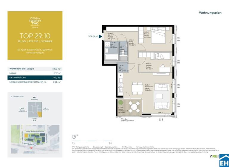 Wohnung zum Kauf - Erstbezug 627.461 € 3 Zimmer 72,7 m² 29. Geschoss Doktor-Adolf-Schärf-Platz Wien 1220