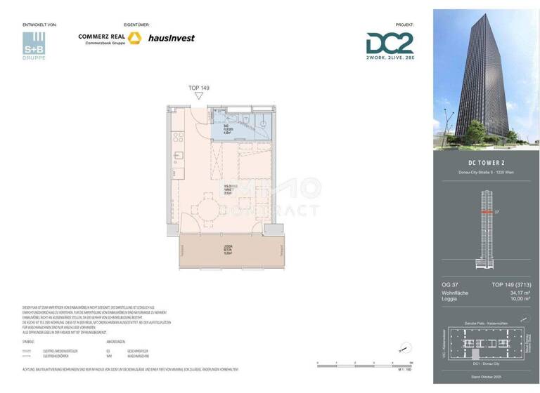 Studio zur Miete - Erstbezug 1.017 € 1 Zimmer 34,2 m² 37. Geschoss frei ab 01.11.2026 Wien 1220