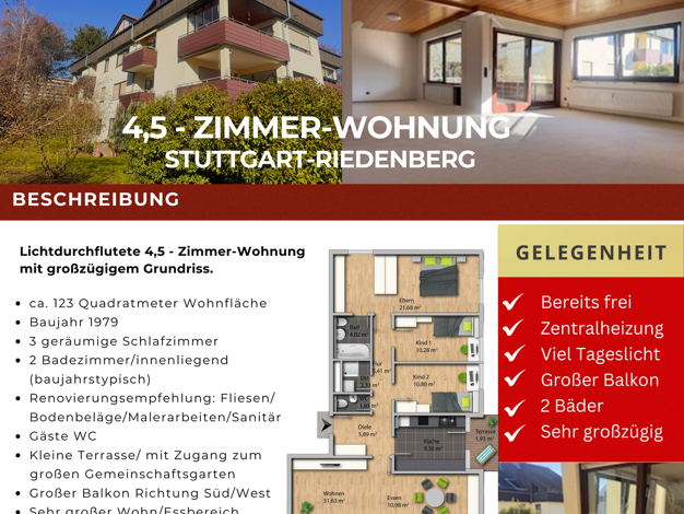 Wohnung zum Kauf 443.000 € 4,5 Zimmer 123 m² Geschoss EG/3 frei ab sofort Riedenberg Stuttgart 70619