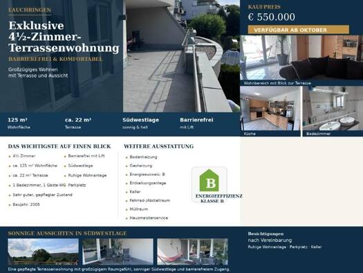 Terrassenwohnung zum Kauf provisionsfrei 550.000 € 4,5 Zimmer 125 m² Geschoss 1/2 frei ab 01.10.2026 Unterlauchringen Lauchringen 79787