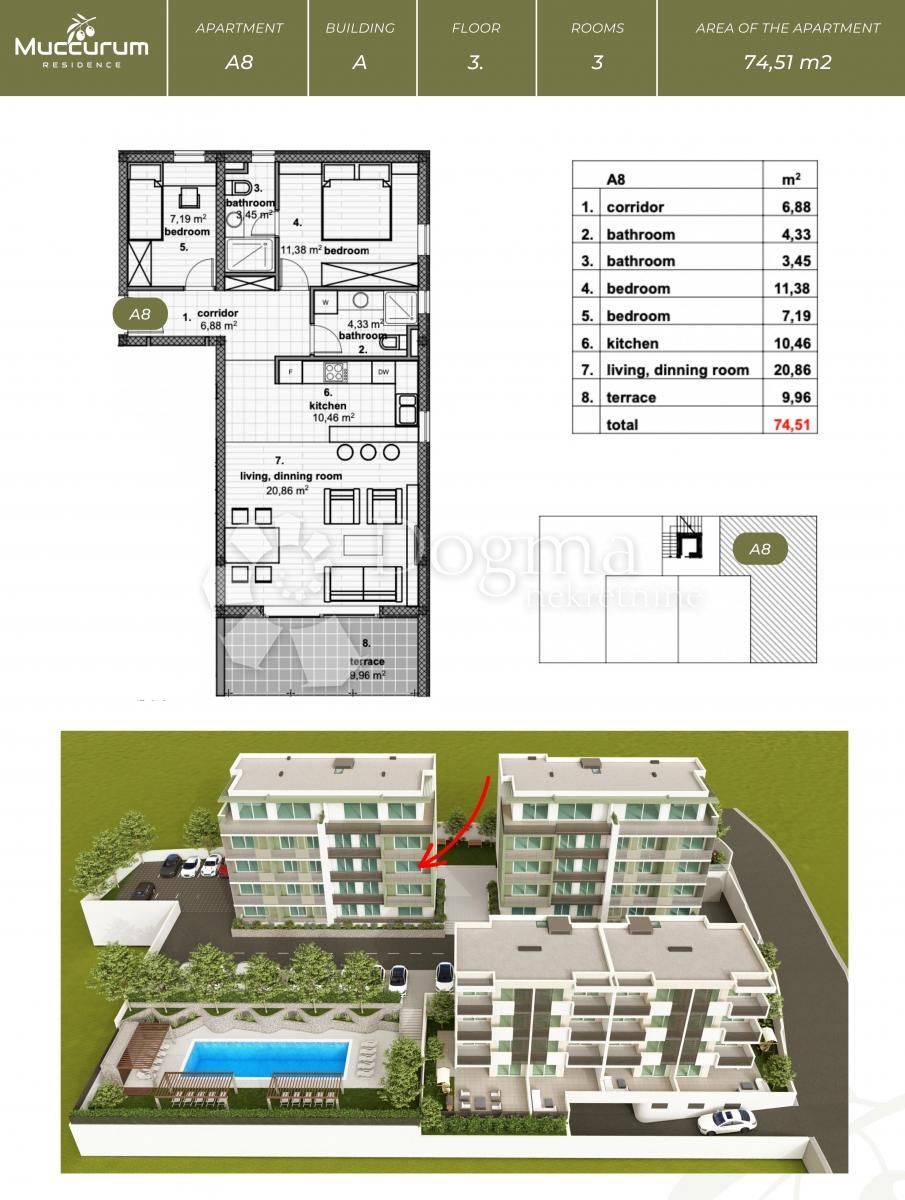 Wohnung zum Kauf 275.000 € 3 Zimmer 74 m²<br/>Wohnfläche 3.<br/>Geschoss Makarska center 21300