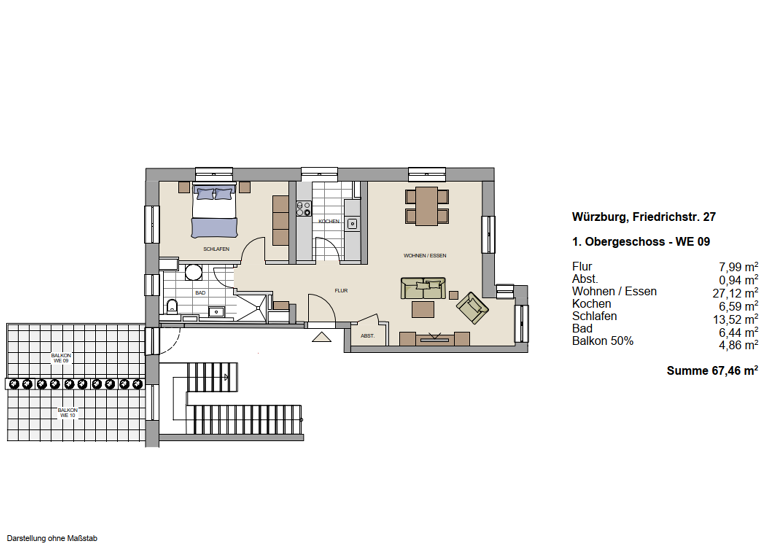 Wohnung zur Miete 1.000 € 2 Zimmer 67,5 m² 1. Geschoss frei ab 01.05.2026 Friedrichstraße 27 Zellerau Würzburg 97082