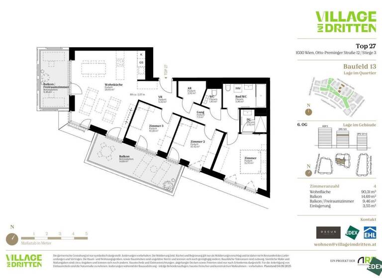 Terrassenwohnung zum Kauf - Erstbezug 792.000 € 4 Zimmer 90,3 m² 6. Geschoss Otto-Preminger-Straße Wien 1030