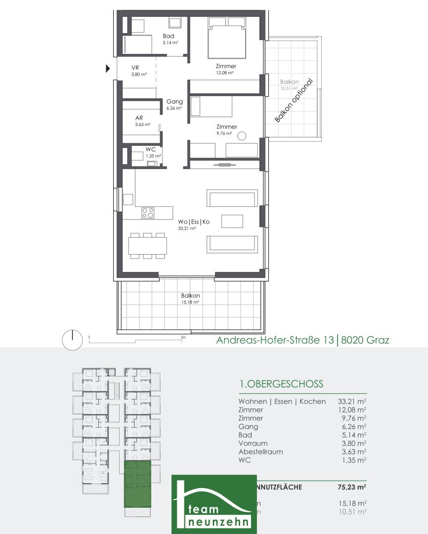 Wohnung zum Kauf 380.964 € 3 Zimmer 75,5 m²<br/>Wohnfläche 1.<br/>Geschoss Andreas-Hofer-Straße 13 Eggenberg Graz 8020