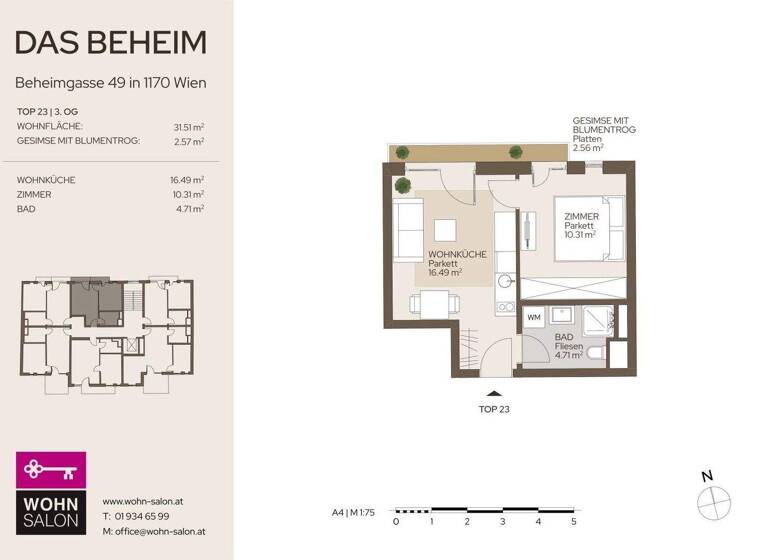 Wohnung zur Miete - Erstbezug 807 € 2 Zimmer 31,5 m² 3. Geschoss Wien 1170
