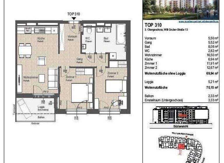 Wohnung zur Miete 856 € 3 Zimmer 69,9 m² 3. Geschoss Rennbahnstraße 2 St. Pölten Wien 3100