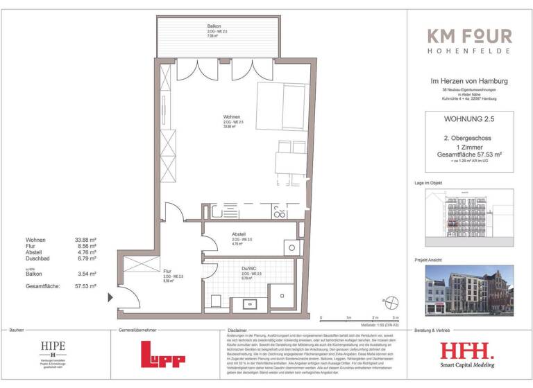 Studio zur Miete 1.438 € 1 Zimmer 57,5 m² 2. Geschoss Kuhmühle 4+4a Hohenfelde Hamburg 22087