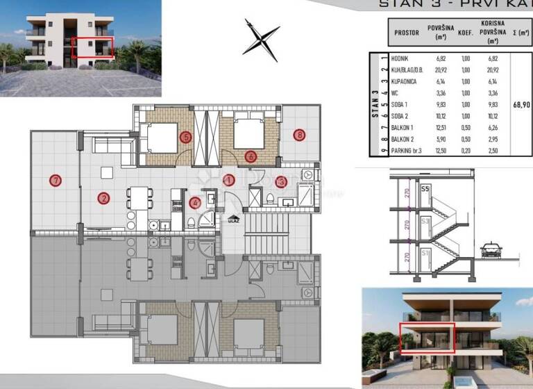 Wohnung zum Kauf 261.820 € 3 Zimmer 68 m² 1. Geschoss Rogoznica