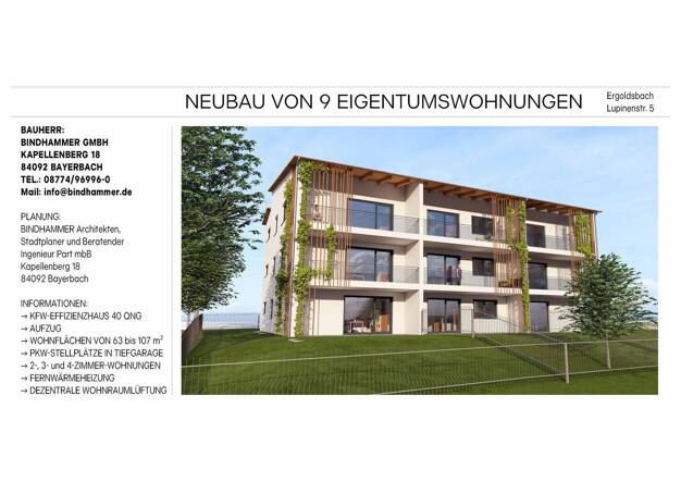 Wohnung zum Kauf - Neubau provisionsfrei 293.500 € 2 Zimmer 63,1 m² 1. Geschoss frei ab 01.11.2026 Lupinenstraße 5 Unterdörnbach Ergoldsbach 84061