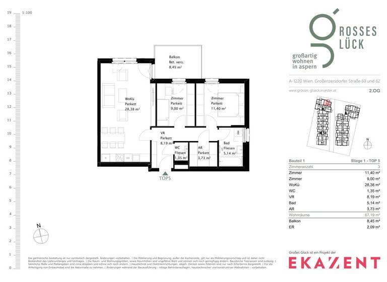 Wohnung zur Miete 859 € 3 Zimmer 67,2 m² 2. Geschoss Wien 1220