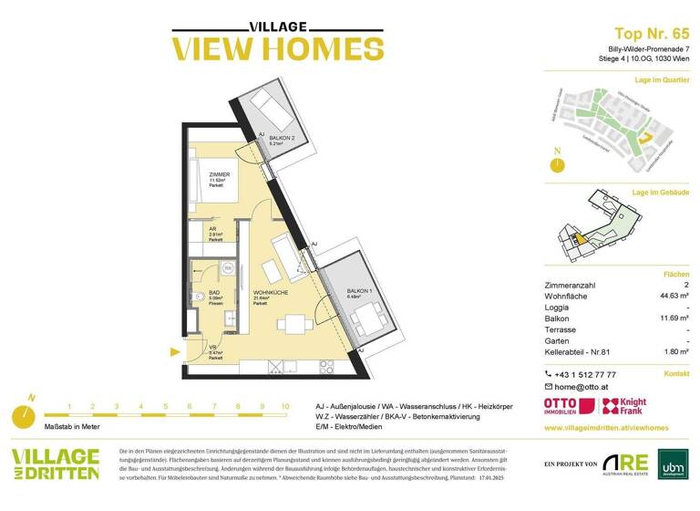 Wohnung zum Kauf - Erstbezug 464.000 € 2 Zimmer 44,6 m² 10. Geschoss Wien 1030
