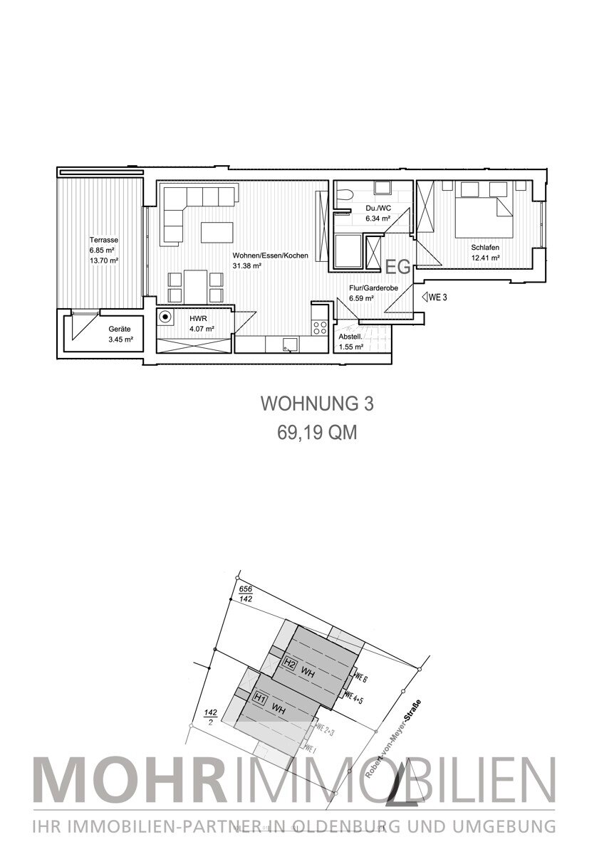 Wohnung zur Miete 900 € 2 Zimmer 69 m²<br/>Wohnfläche Robert von Mayer Str. 96 Bümmerstede Oldenburg (Oldenburg) / Bümmerstede 26133