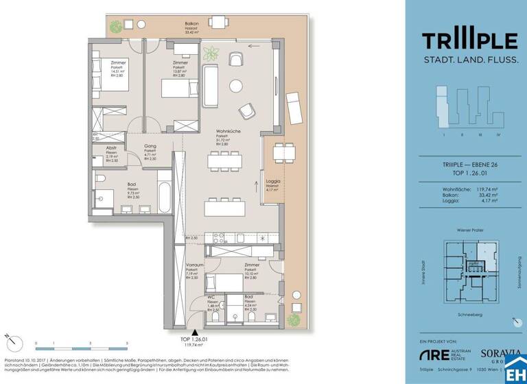 Wohnung zum Kauf 1.299.000 € 4 Zimmer 119,7 m² 26. Geschoss Schnirchgasse 9 Wien 1030