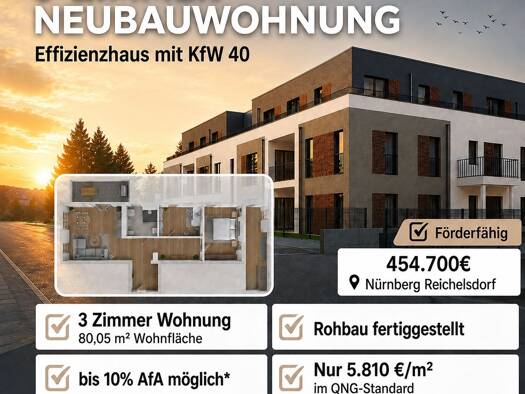 Wohnung zum Kauf - Neubau provisionsfrei 454.770 € 3 Zimmer 80,1 m² 1. Geschoss frei ab 01.11.2027 Reichelsdorf Südwestliche Außenstadt 90453