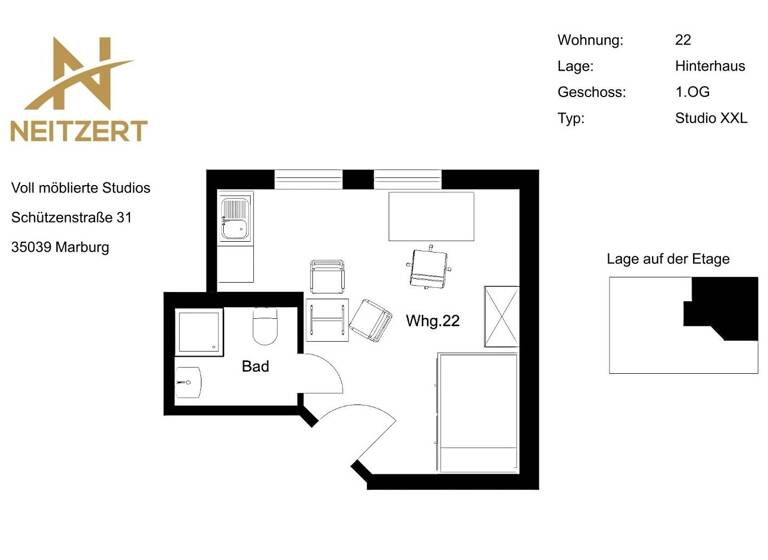 Wohnung zur Miete Wohnen auf Zeit 1.295 € 1 Zimmer 22 m²<br/>Wohnfläche Schützenstraße 31 Marburg Marburg 35039
