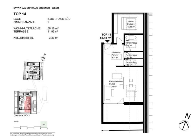 Penthouse zum Kauf provisionsfrei 352.000 € 2 Zimmer 58,2 m² 3. Geschoss Weer 6116