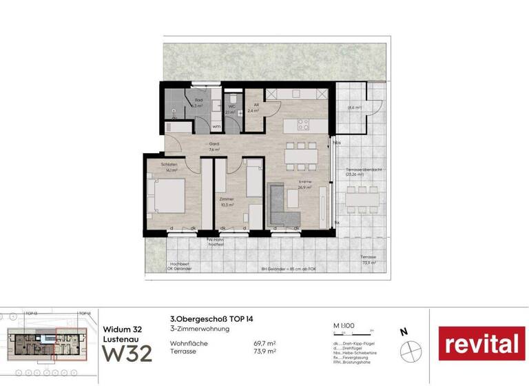 Terrassenwohnung zum Kauf - Erstbezug 723.500 € 3 Zimmer 70 m² 3. Geschoss Widum 32 Lustenau 6890