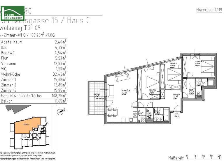 Wohnung zur Miete 2.429 € 4 Zimmer 108,3 m² 1. Geschoss Karlweisgasse 15-16 Wien 1180