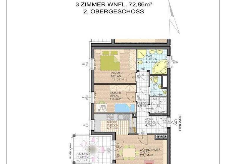 Wohnung zur Miete 1.190 € 3 Zimmer 72,9 m² 2. Geschoss Baden 2500