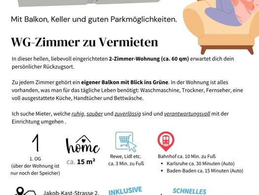 Wohnung zur Miete 600 € 2 Zimmer 60 m² Geschoss 1/1 frei ab 01.01.2026 Jakob-Kast-Straße 2 Gernsbach 76593