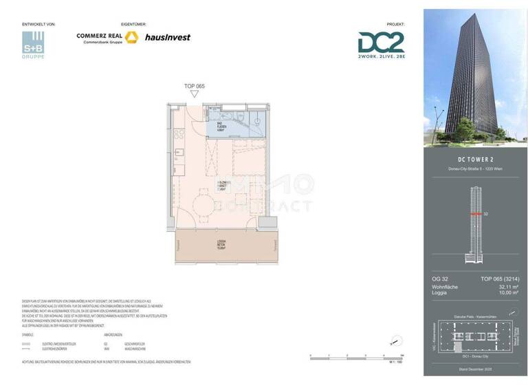 Studio zur Miete - Erstbezug 977 € 1 Zimmer 32,1 m² 32. Geschoss frei ab 01.11.2026 Wien 1220