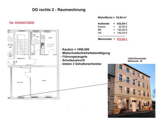 Wohnung zur Miete 632 € 2 Zimmer 63,6 m² Geschoss -3/3 frei ab sofort Wilhelmstraße 26 Eberswalde Eberswalde 16225