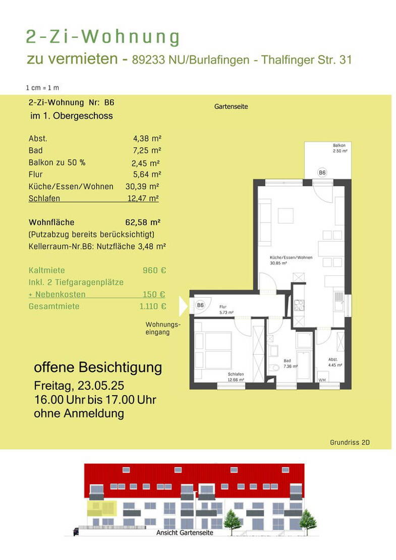 Wohnung zur Miete 960 € 2 Zimmer 62,6 m² 1. Geschoss frei ab 01.08.2025 Thalfinger Straße 31 Burlafingen Neu-Ulm 89233