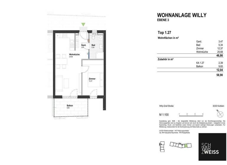 Wohnung zum Kauf - Erstbezug 349.000 € 2 Zimmer 46,9 m² 3. Geschoss Kufstein 6330