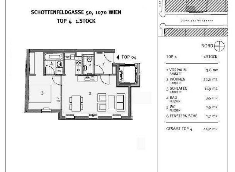 Wohnung zur Miete 720 € 2 Zimmer 44,2 m² 1. Geschoss Schottenfeldgasse 50 Wien 1070