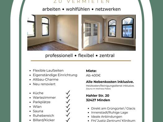Büro zur Miete provisionsfrei 400 € 11 Zimmer 20 m² Bürofläche Hahler Straße 20 Innenstadt Minden 32427