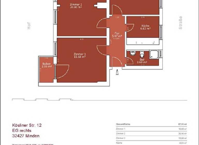 Wohnung zur Miete 675 € 3 Zimmer 66,2 m² frei ab sofort Kösliner Str. 12 Innenstadt Minden 32427