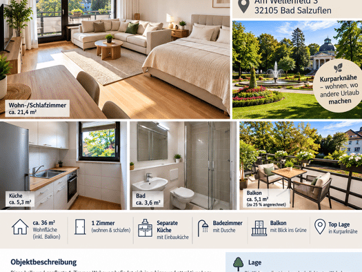 Wohnung zur Miete 450 € 1 Zimmer 36 m² Geschoss 2/3 frei ab sofort Innenstadt Bad Salzuflen 32105