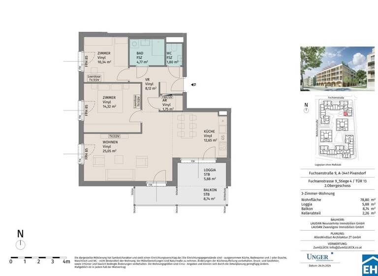 Wohnung zur Miete - Erstbezug 867 € 3 Zimmer 78,8 m² 2. Geschoss Fuchsenstraße Pixendorf 3451